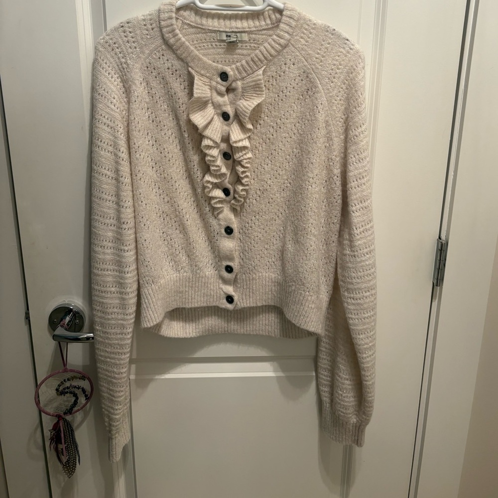 RW&CO. Cream Ruffle Button-Up Cardigan